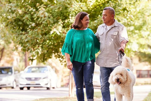 Senior couple walking dog along suburban street