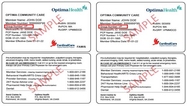 Optima Health Product Member ID card