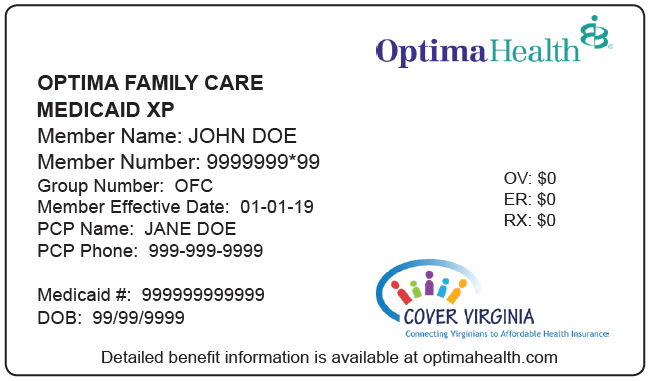 Optima Family Care card with Medicaid XP, Group Number and Cover Virginia logo highlighted.